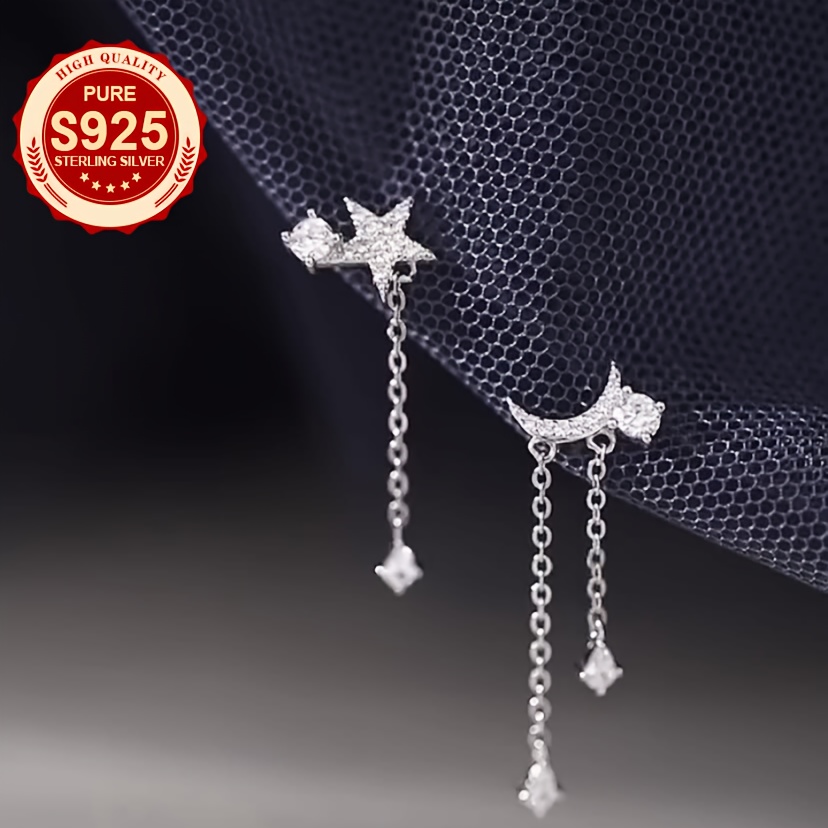 Women's S925 Silver Star & Moon Tassel Stud Earrings